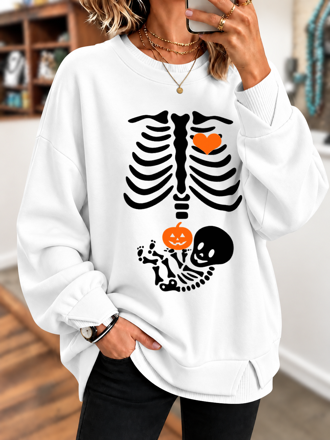 Skeleton Halloween Maternity Pregnancy Announcement Fall Mom Pinted Sweatshirt