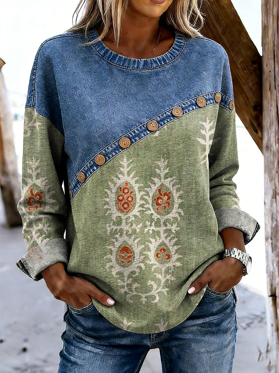 Women's Retro Ethnic Art Print Casual Long-sleeved Round Neck Denim Patchwork Top