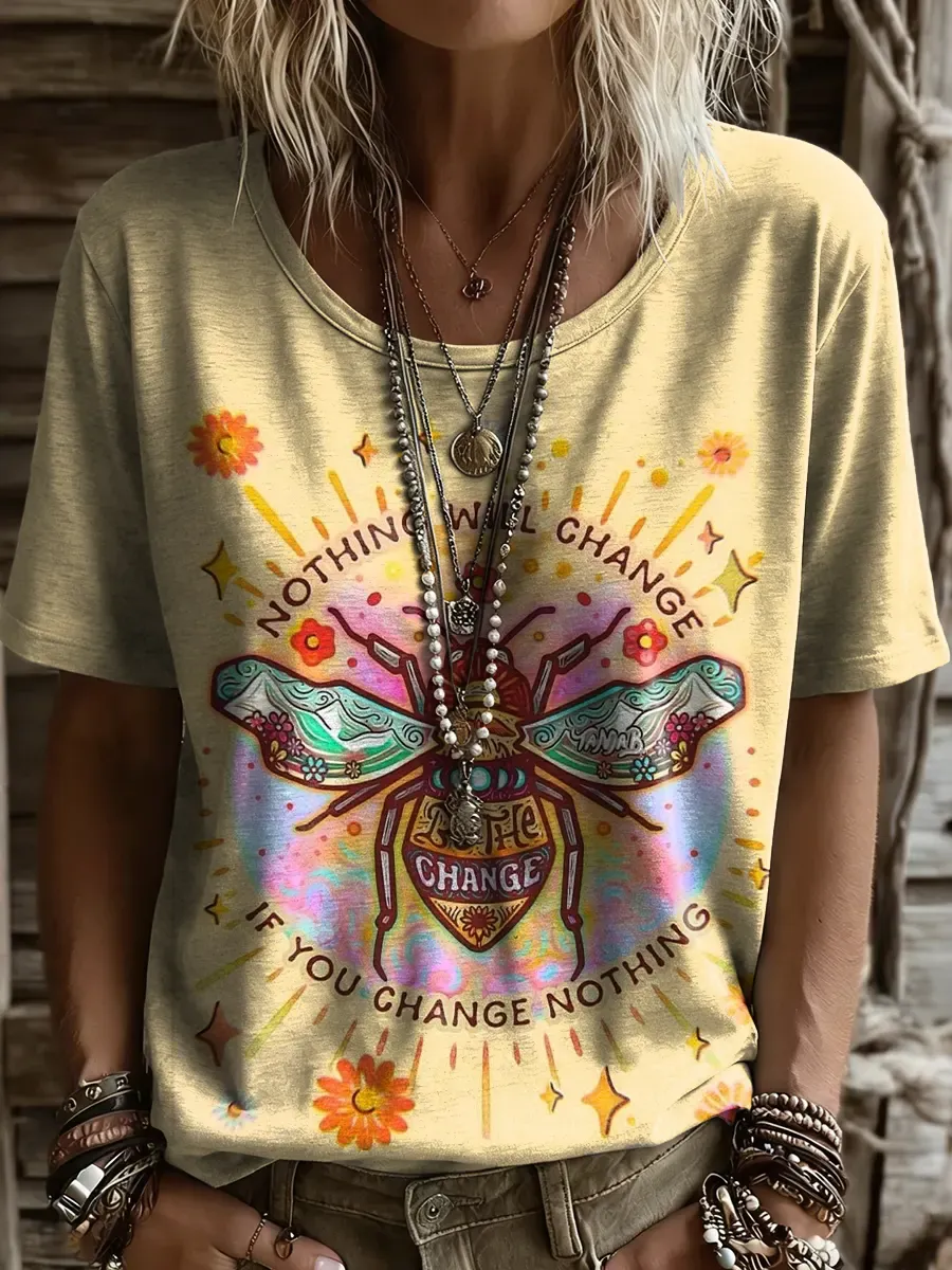 Women's Hippie Bee Art Print Casual Short-Sleeve Crew Neck Pure Cotton T-Shirt