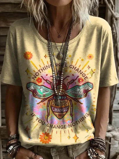 Women's Hippie Bee Art Print Casual Short-Sleeve Crew Neck Pure Cotton T-Shirt