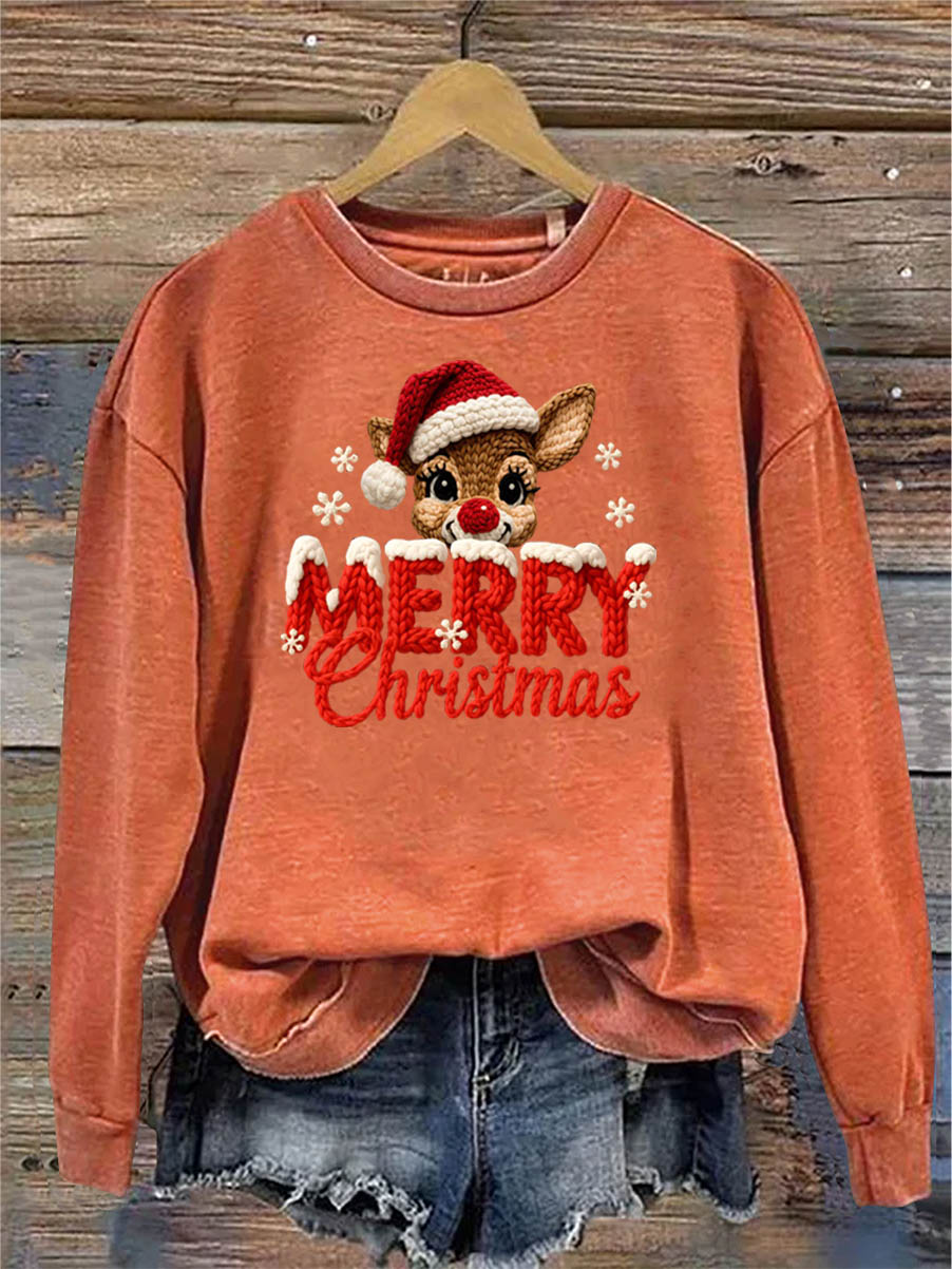 Women's Merry Christmas And Elk Knitting Crochet Pattern Neck Sweatshirt