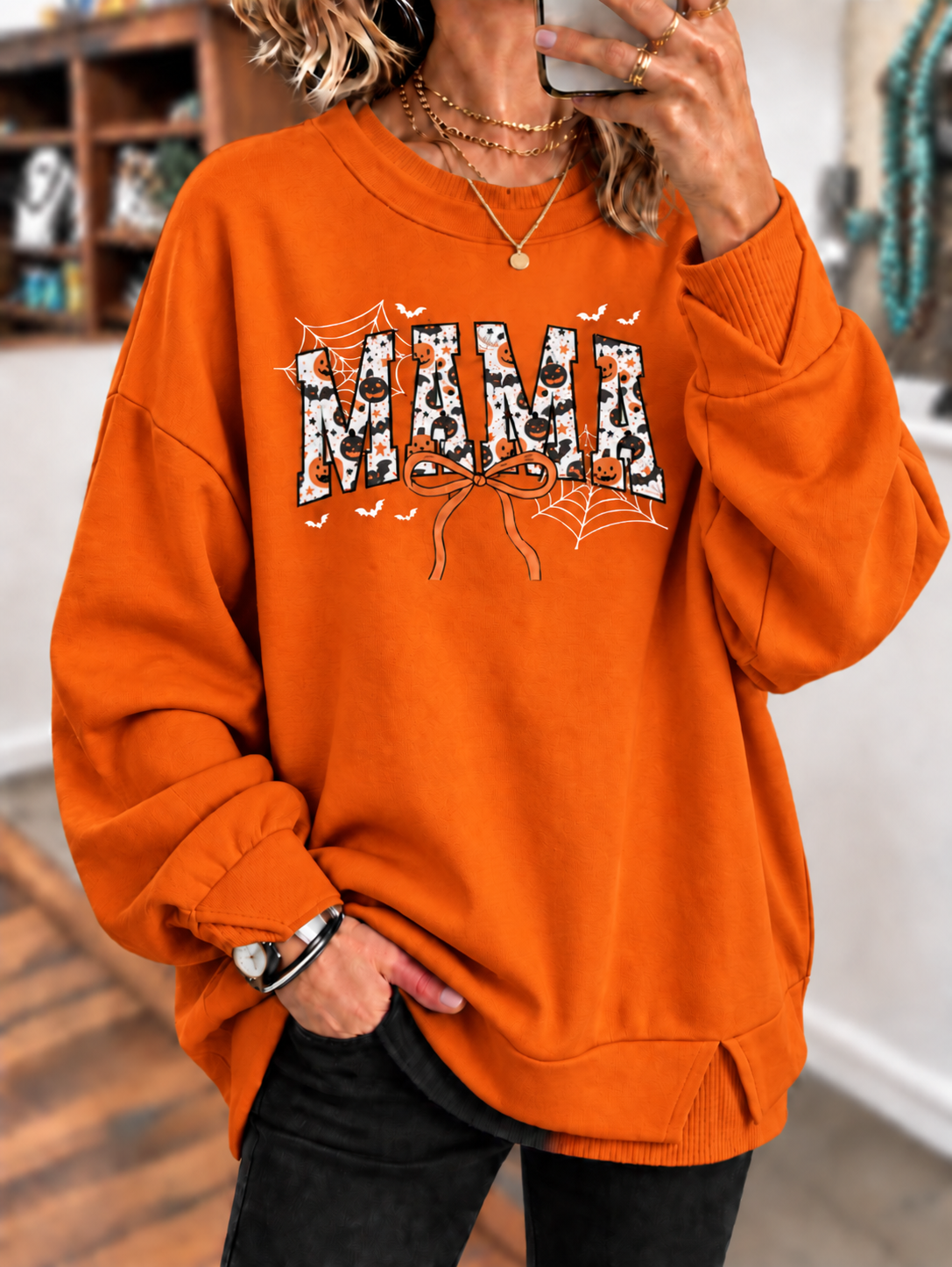 Halloween Mama Graphic T-Shirt – Pumpkin, Bat and Spiderweb Bow Printed Sweatshirt