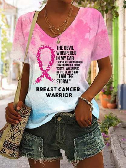 Women's The Devil- Breast Cancer Awareness Support Ribbon Print Short Sleeve T-Shirt