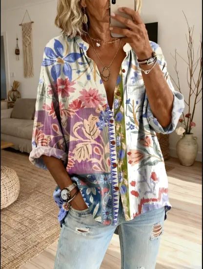 Ethnicity Patchwork Flowers Women's Vintage Art Print Casual Cotton And Linen Shirt