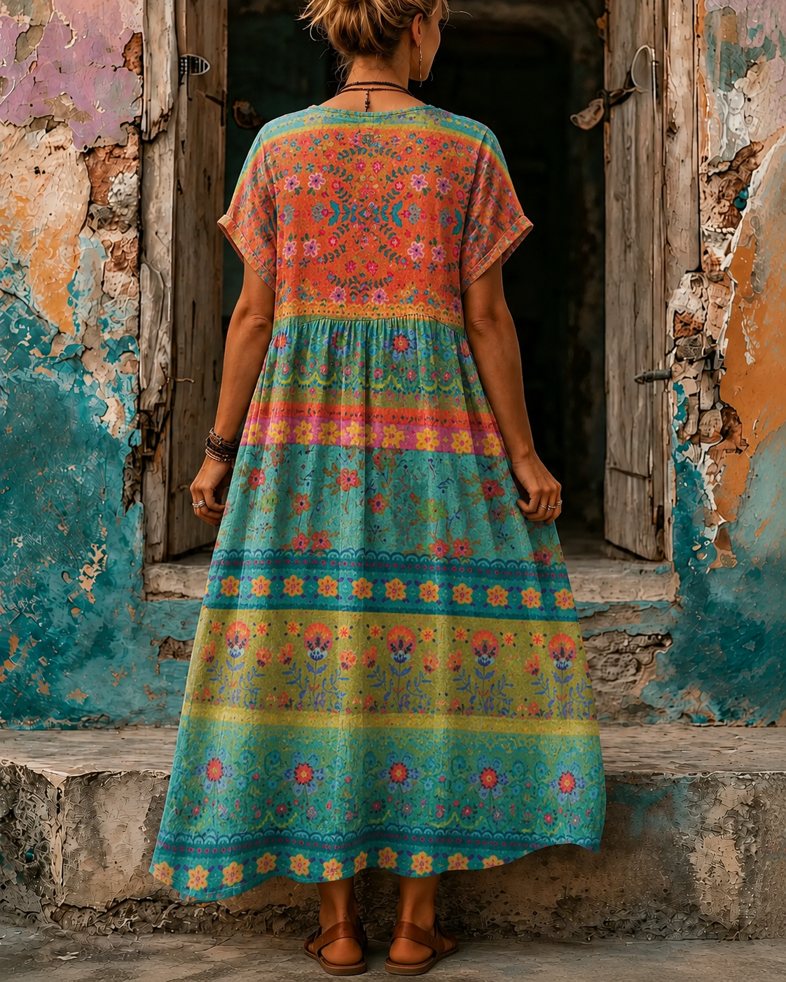 Women's Vacation Linen Boho Floral Print V-Neck Short Sleeve Maxi Dress