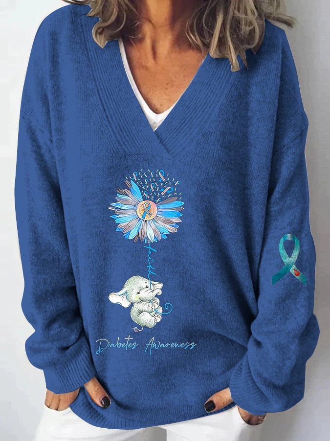 Women'S Diabetes Awareness Print V-Neck Long Sleeved Knitted Cardigan