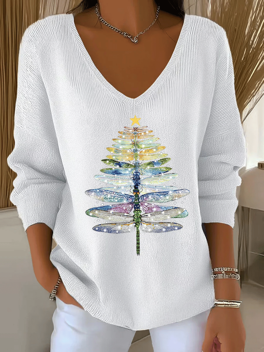 Women's Christmas Print V Neck Sweater