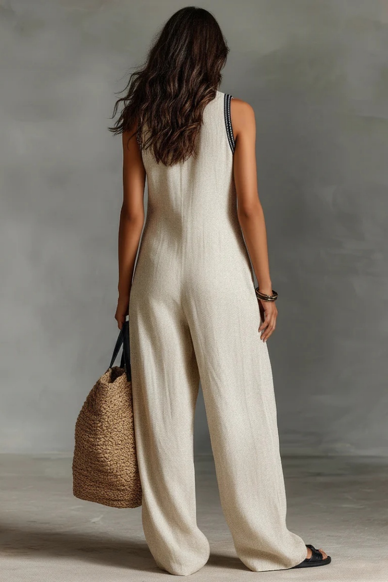 Women’s Linen Blend Sleeveless V-Neck Wide Leg Jumpsuit – Casual Summer Boho Romper with Pockets