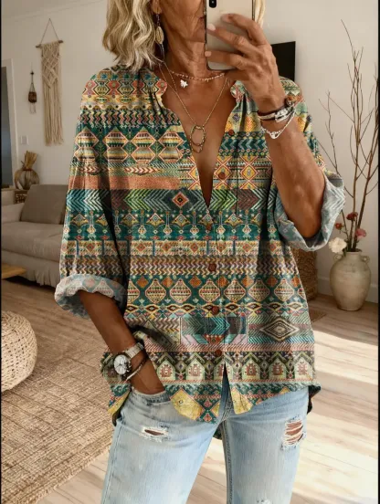 Women's Bohemian-style Ethnic Print Casual Cotton-linen Blend Shirt