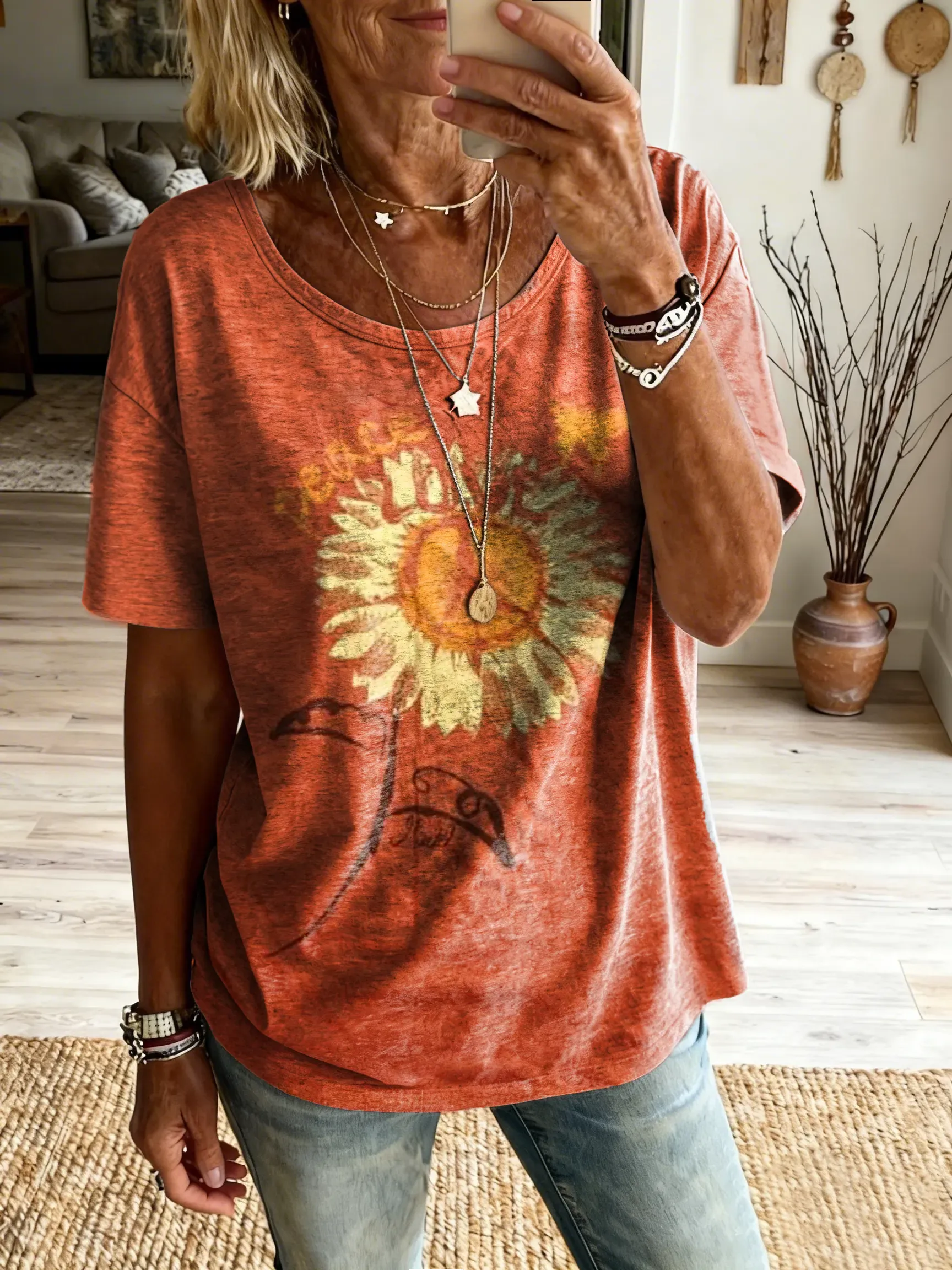 Women's Retro Hippie Floral Art Print Pure Cotton Crew Neck Short-Sleeve Casual T-Shirt