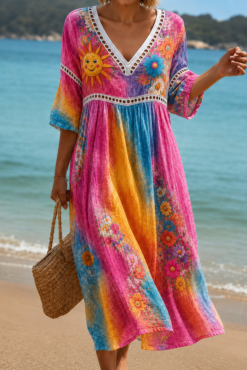Women's Vacation Linen Boho Foral Print V-Neck Short Sleeve Maxi Dress