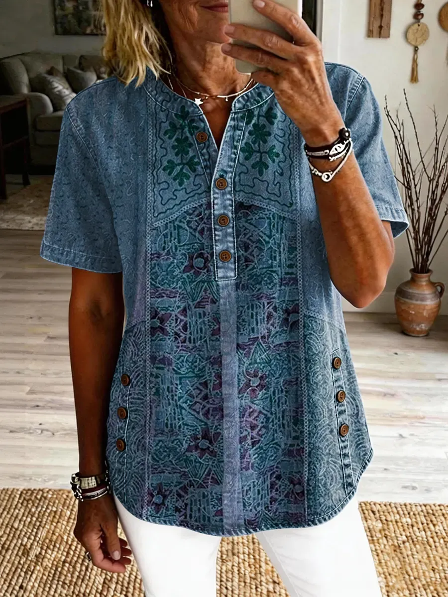 Women's Vintage Ethnic Pattern Art Print Casual Short-sleeve Washed Cotton Denim Shirt