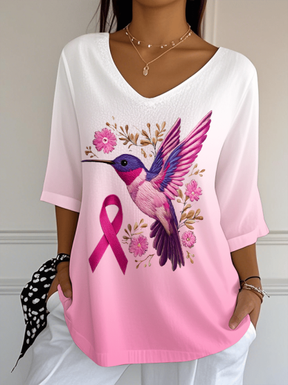 Womens Breast Cancer Awareness Hummingbird Print Jacquard Casual V Neck Top