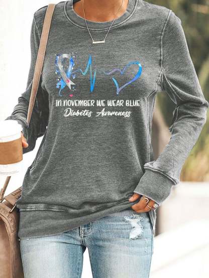 Women's In November We Wear Blue Diabetes Awareness Printed Casual Sweatshirt