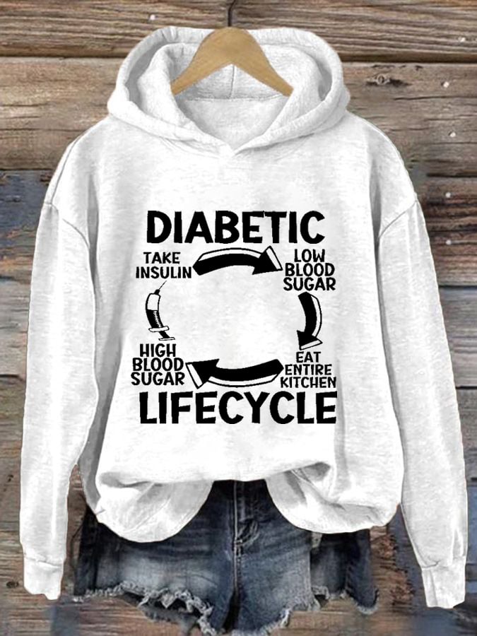 Women's Diabetic Life Cycle Diabetes Support Awareness Print Hoodie Long Sleeve Sweatshirt