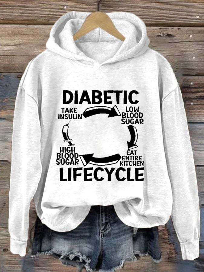 Women's Diabetic Life Cycle Diabetes Support Awareness Print Hoodie Long Sleeve Sweatshirt
