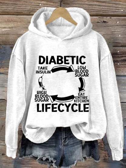 Women's Diabetic Life Cycle Diabetes Support Awareness Print Hoodie Long Sleeve Sweatshirt