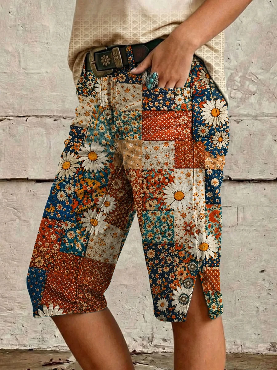 Women's Daisy Patchwork Print Mid-Length Split Hem Denim Bermuda Shorts