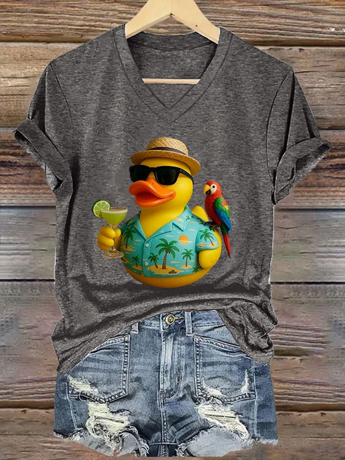 V-Neck Retro Jimmy Parrot Margarita Memorial Duck Print T-Shirt