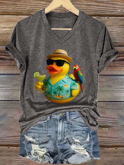 V-Neck Retro Jimmy Parrot Margarita Memorial Duck Print T-Shirt