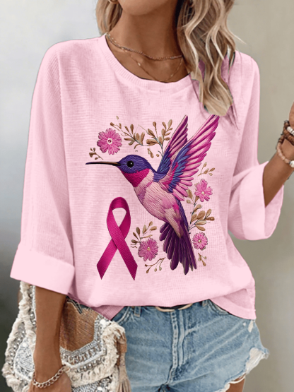 Women's Breast Cancer Awareness Hummingbird Print 3/4 Sleeve T-Shirt