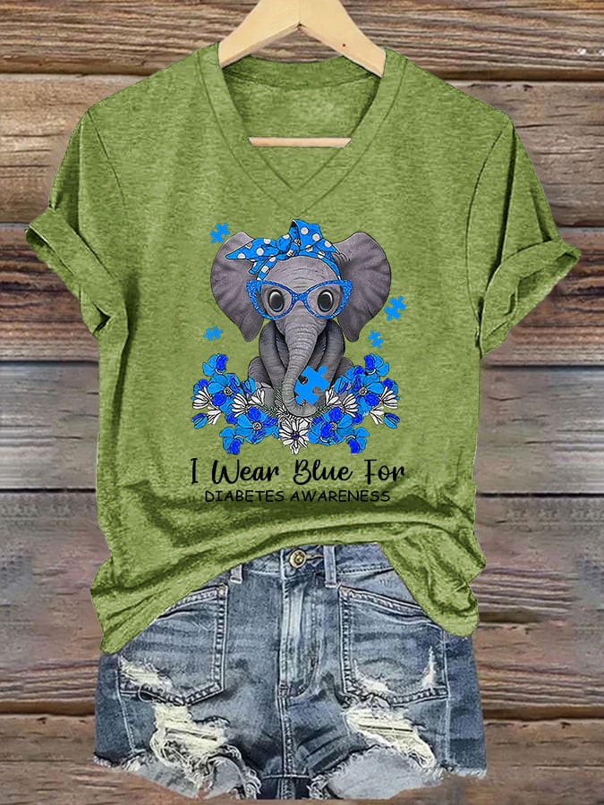 Women's I Wear Blue For Diabetes Awareness Elephant Print T-Shirt