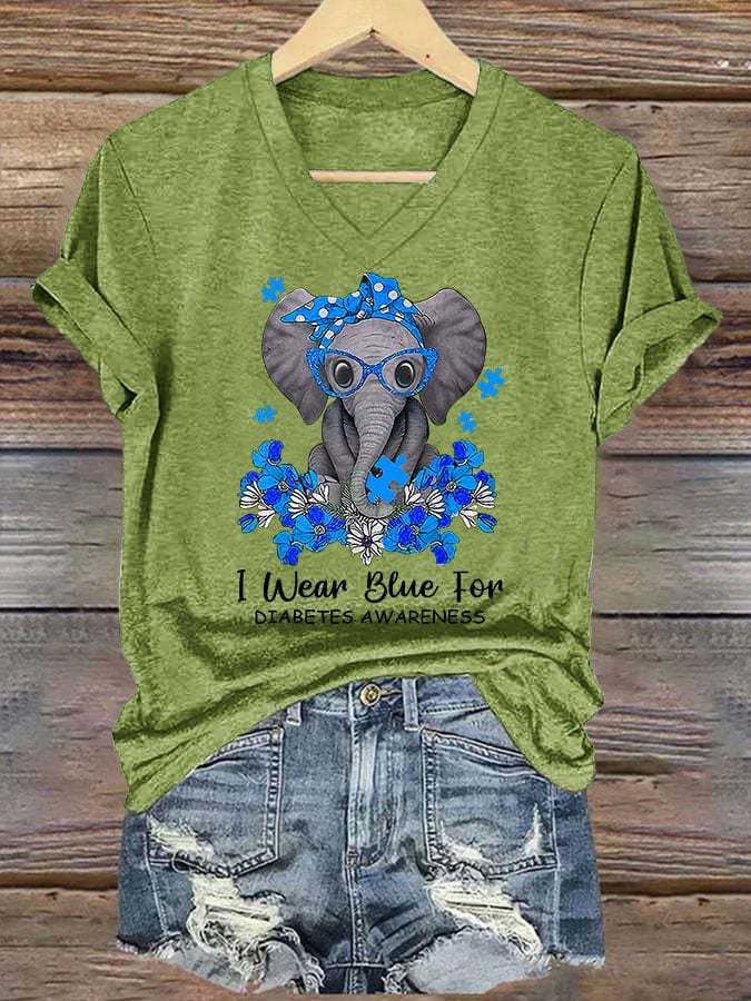 Women's I Wear Blue For Diabetes Awareness Elephant Print T-Shirt