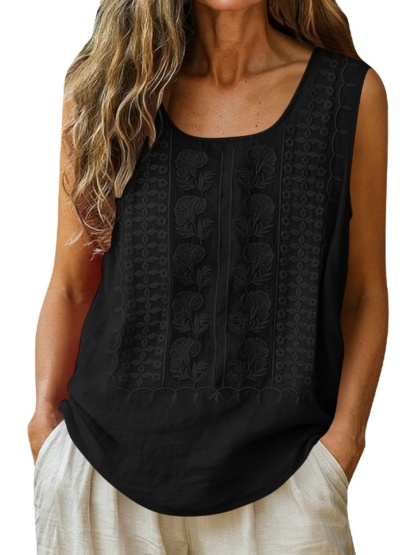 Women's Cotton and Linen Round Neck Embroidered Tank Tops