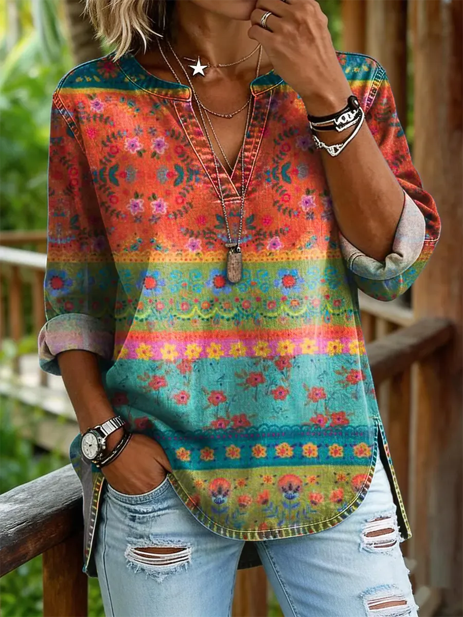 Women's Floral Art Print Casual V-neck Washed Cotton Denim Shirt