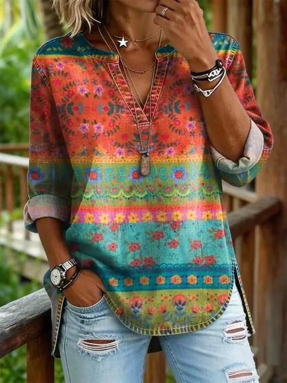 Women's Floral Art Print Casual V-neck Washed Cotton Denim Shirt