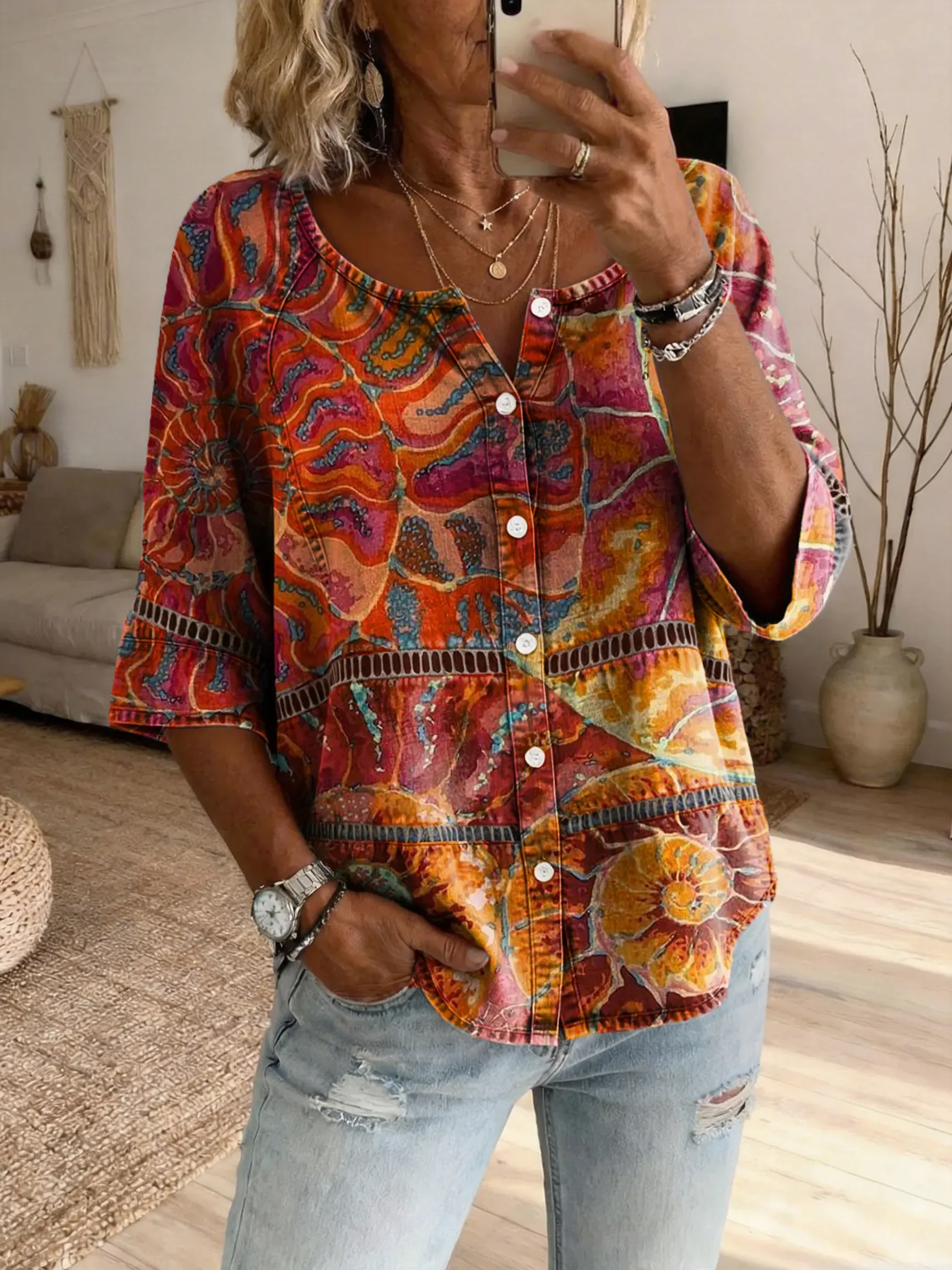 Women's Retro Hippie-Patterned Art Print Casual Cutout Top