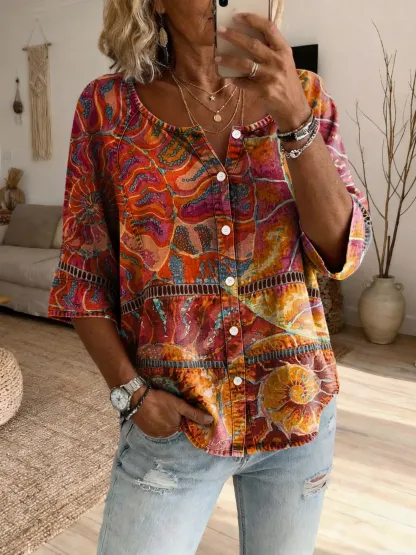 Women's Retro Hippie-Patterned Art Print Casual Cutout Top