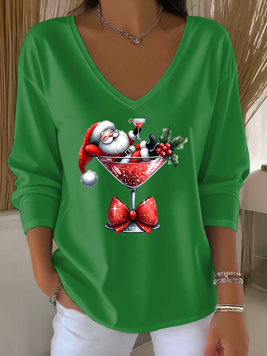 Women's Santa Claus Print Casual V-Neck Long Sleeve T-Shirt