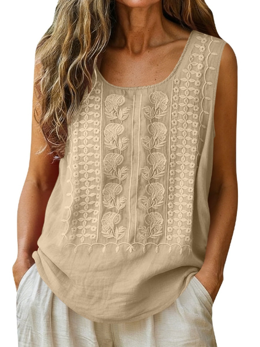 Women's Cotton and Linen Round Neck Embroidered Tank Tops