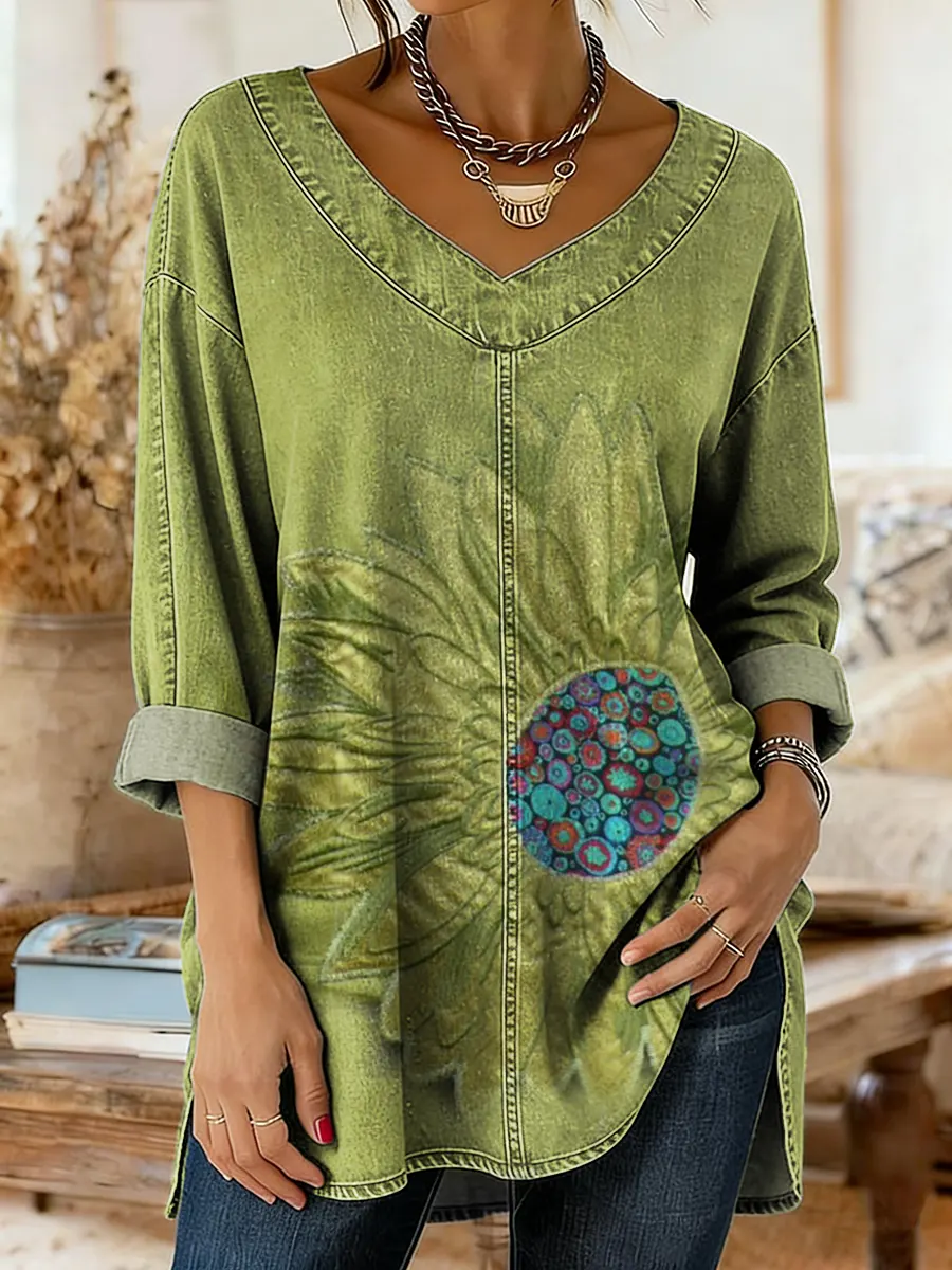 Women's Vintage Floral Petal Art Print Casual Washed Denim Cotton Top