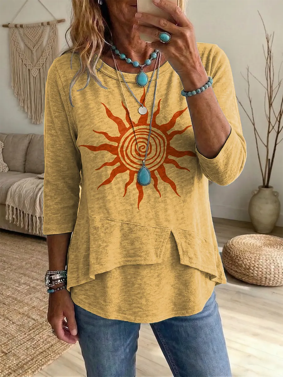 Sun Abstract Vintage Women's Art Print Casual Round Collar T-shirt