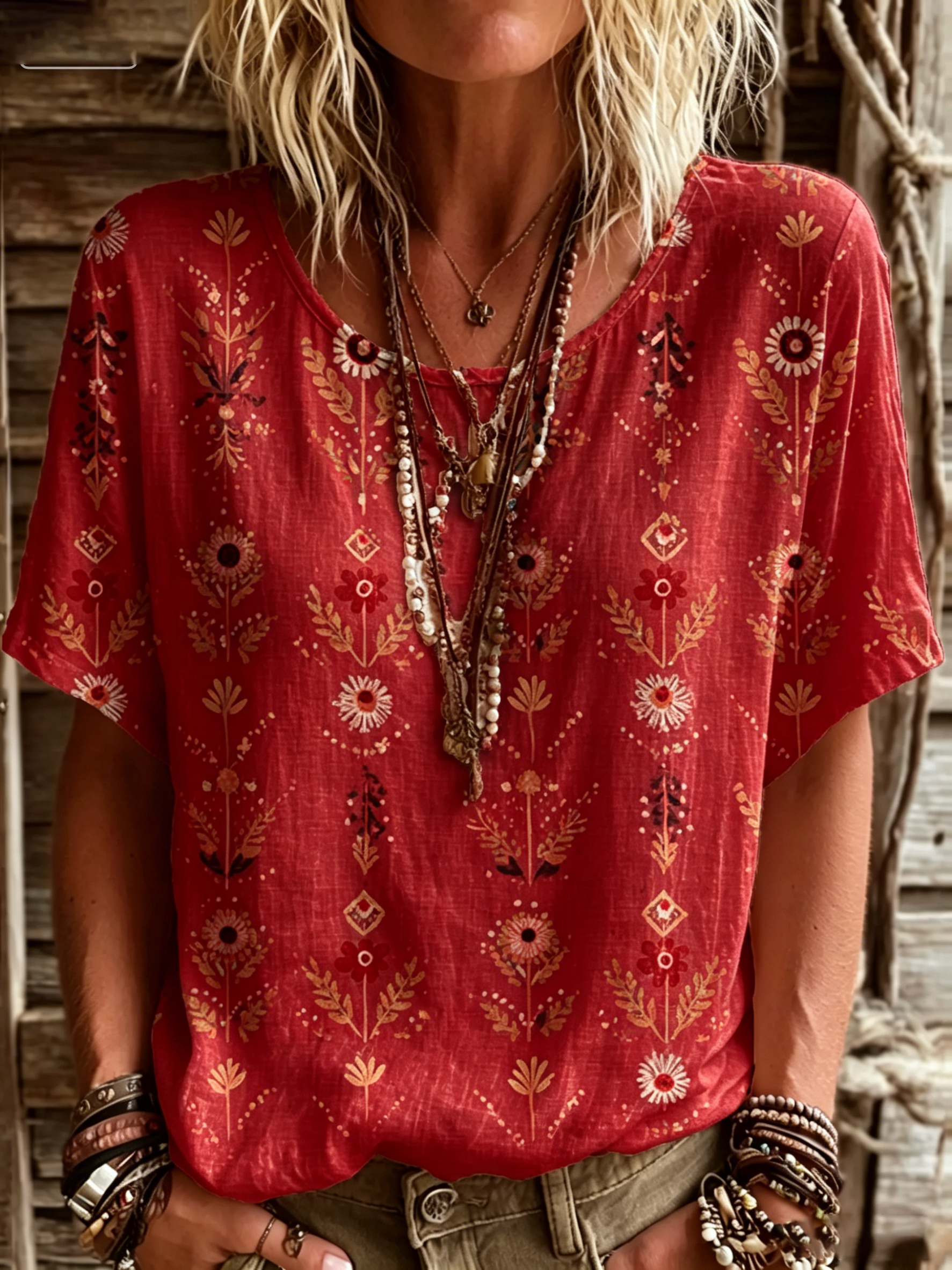 Women's Vintage Ethnic Floral Print Artistic Print Cotton-linen Round-neck Short-sleeve Shirt