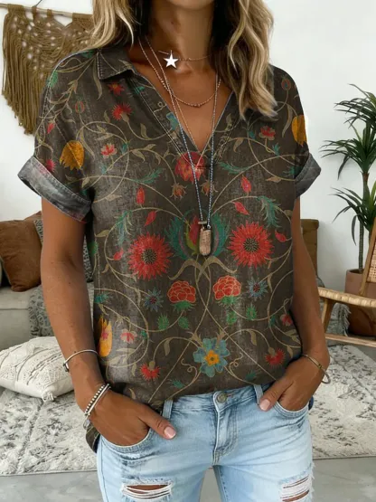 Women's Ethnic Floral Print V-Neck Short-Sleeve Denim Shirt