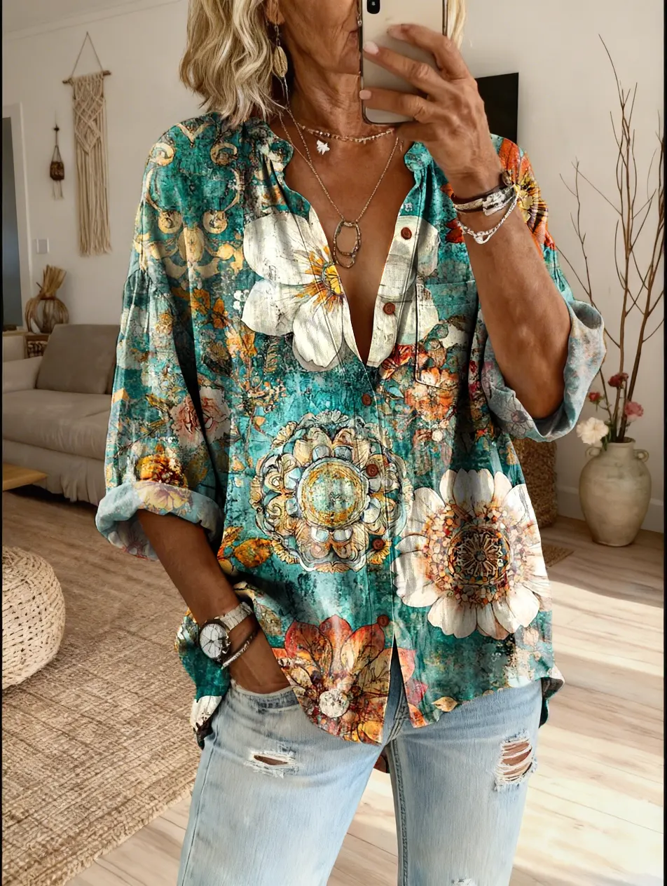 Women's Bohemian Oil Painting Floral Art Print Casual Cotton-Linen Shirt