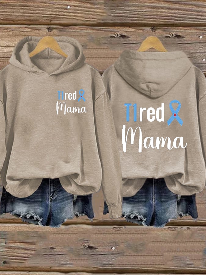 Women's T1red Mama Diabetes Awareness Blue Ribbon Print Casual Hoodie