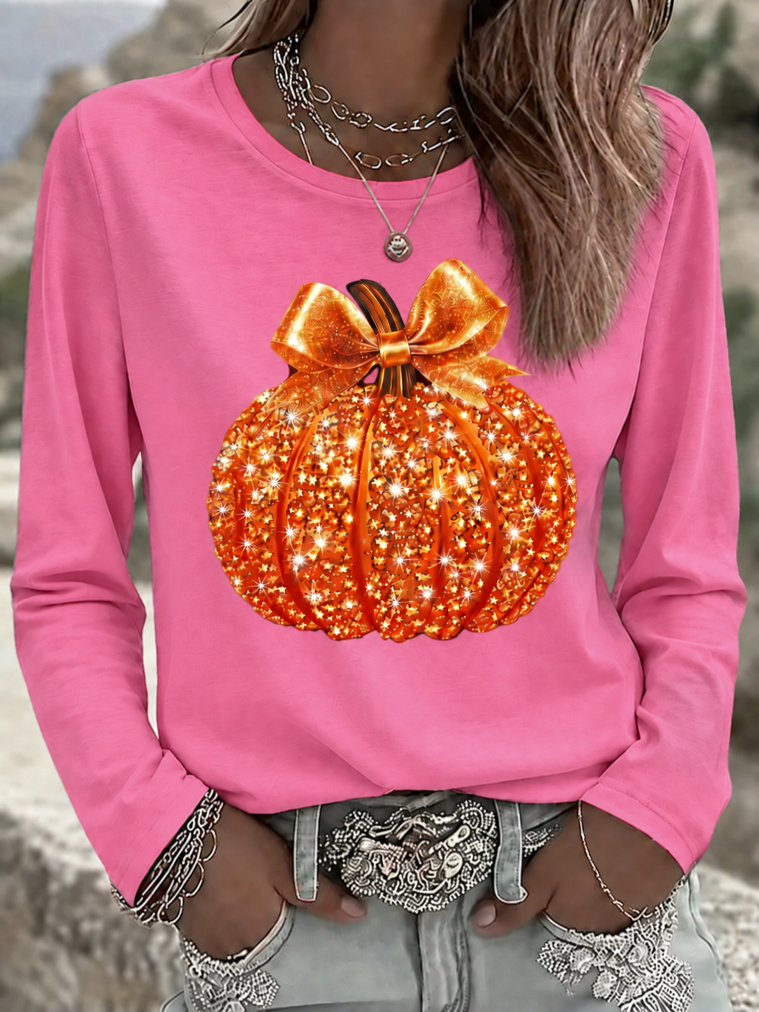 Halloween Women's T shirt Pumpkin Graphic Skull Vintage  Long Sleeve T-shirt