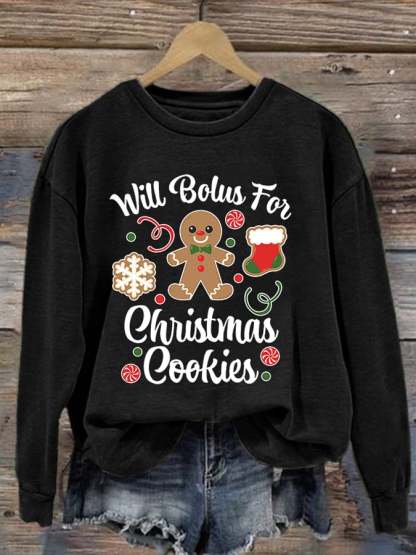 Women's Type 1 Diabetes Will Bolus For Christmas Cookies Gingerbread Man Print Long Sleeve Sweatshirt