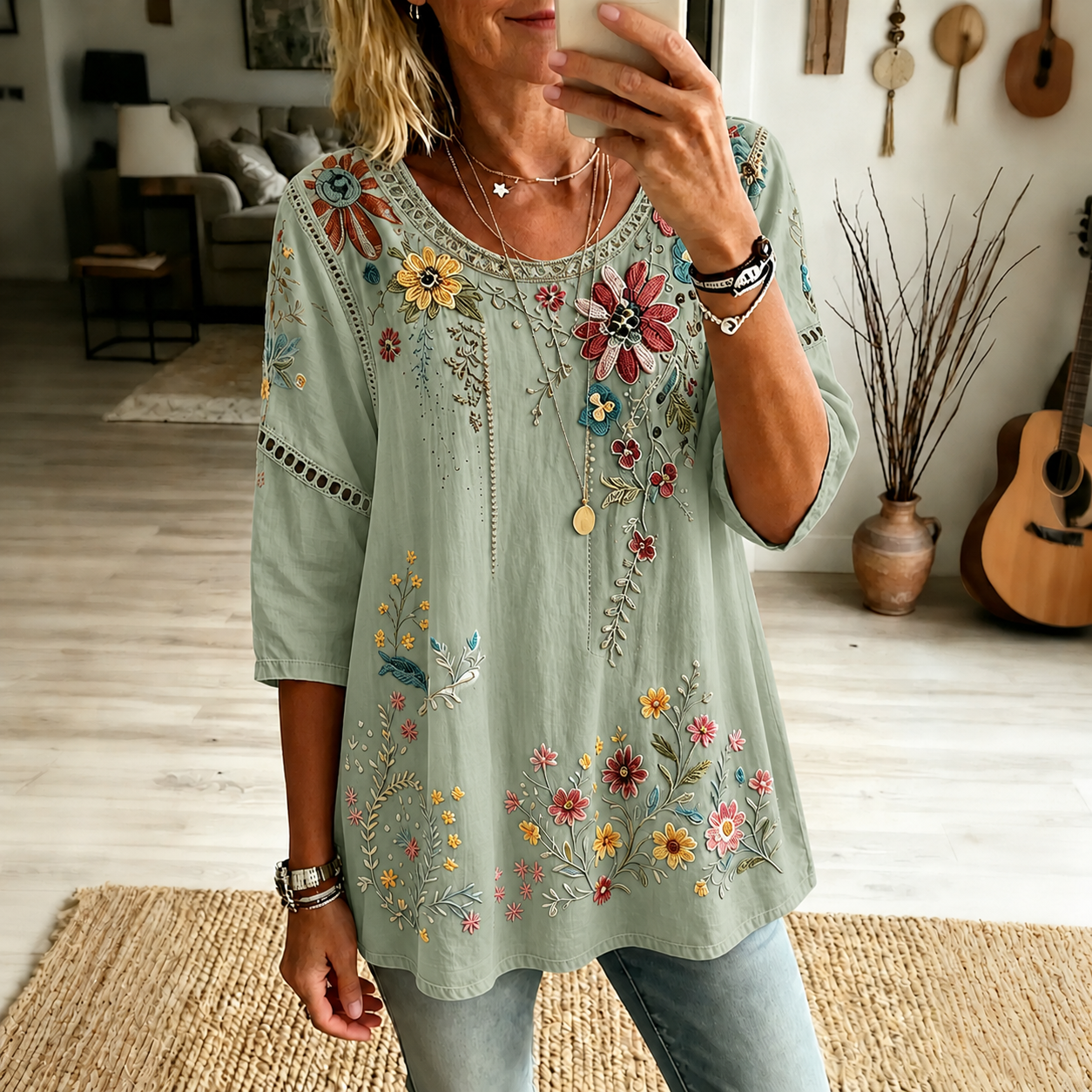 Women's Floral Embroidered Linen Blouse