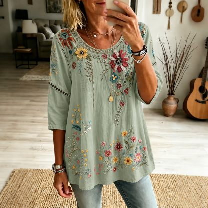 Women's Floral Embroidered Linen Blouse