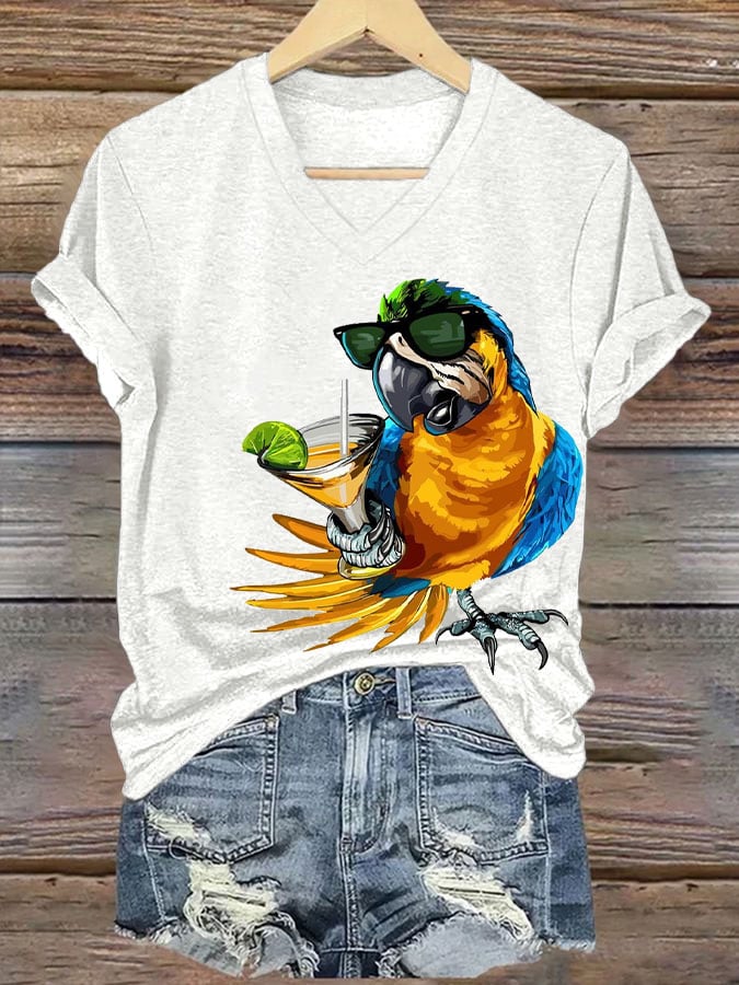 Women's  Funny Drinking Parrot Print T-Shirt