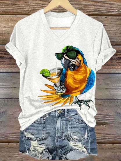 Women's  Funny Drinking Parrot Print T-Shirt