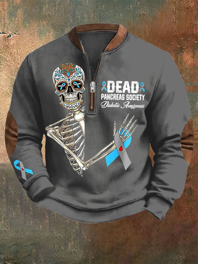 Men'S Retro Dead Pancreas Society Diabetes Awareness Day Sugar Skeleton Printed Sweatshirt