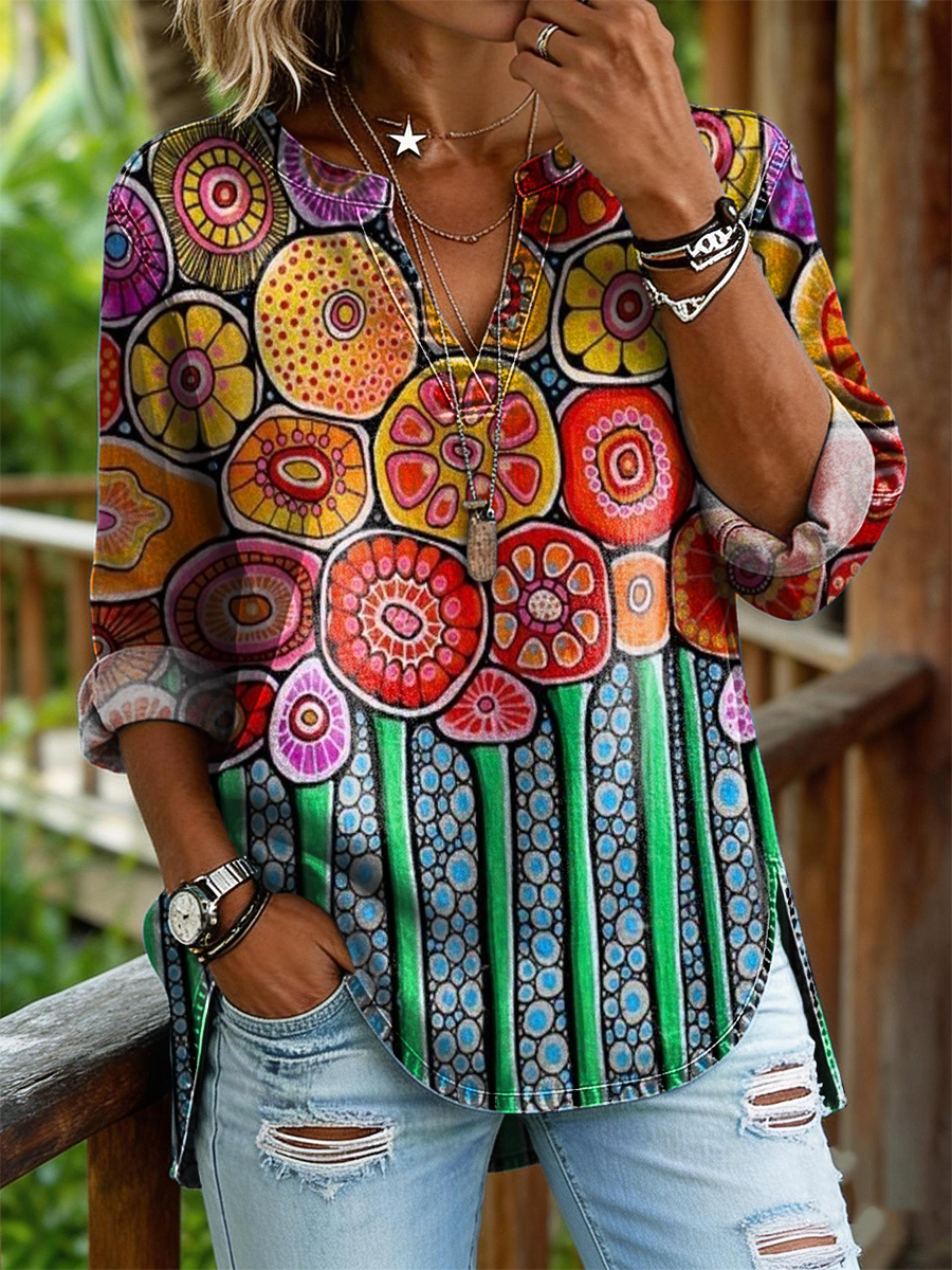 Women's Colorful Floral Art Print Casual Long-sleeved Shirt