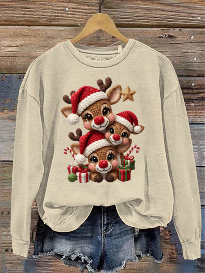 Women's Christmas Elks 3D Knitting Crochet Pattern Neck Sweatshirt