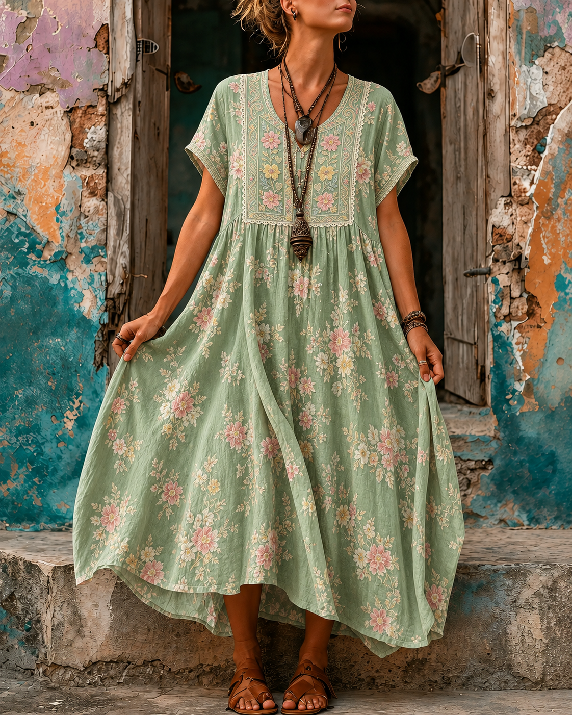 Women's Vacation Linen Boho Floral Print V-Neck Short Sleeve Maxi Dress